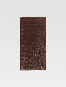 A travel essential crafted of crocodile-embossed Italian calfskin, this handsome design has a ticket compartment, six credit card slots and one slot for passport. Keeps all travel papers organized and handy About 3½ X 9¼ Made in USAFOR PERSONALIZATIONSelect a color and quantity, then scroll down and click on PERSONALIZE & ADD TO BAG to choose and preview your personalization options. Please allow 1 week for delivery. A travel essential crafted of crocodile-embossed Italian calfskin, this handsome design has a ticket compartment, six credit card slots and one slot for passport. Keeps all travel papers organized and handy About 3½ X 9¼ Made in USAFOR PERSONALIZATIONSelect a color and quantity, then scroll down and click on PERSONALIZE & ADD TO BAG to choose and preview your personalization options. Please allow 1 week for delivery.