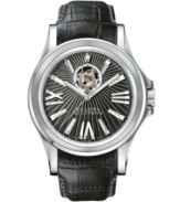 An extraordinary dial defines this Kirkwood collection watch by Bulova Accutron. Black croc-embossed leather strap and round stainless steel case with clear back and curved sapphire crystal. Patterned black dial features silver tone Roman numerals and stick indices, minute track, three hands, logo and aperture view of the movement. Swiss mechanical Sellita movement. Water resistant to 100 meters. Five-year limited warranty.