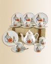 This heirloom quality children's set features Flopsy Mopsy, Cottontail, Peter and their watchful mom. Each porcelain piece is hand-embellished in 22k gold. Set includes four plates, four tea cups & saucers, one tall tea pot, sugar & creamer and four stainless steel spoons all beautifully and safely stored in a fabric-lined trunk case.Beautifully gift boxed, 15W X 12H X 7DPorcelainPlate, 6DTea cup, 3 oz. 