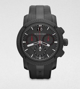 A technical timepiece in brushed and polished black ion-plated stainless steel and sporty rubber. Quartz movementWater resistant to 5 ATMRound black ion-plated stainless steel case, 46mm (1.8)Textured bezelGunmetal-finished chronograph dialBar hour markersDate display at 12 o'clockSecond hand Logo accented rubber strapMade in Switzerland 