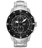 A multifunctional piece of Swiss adventurism, by Tissot. The T-Navigator watch is crafted of stainless steel bracelet and round case. Black bezel features directional markers. Black dial features tachymeter scale, minute track, date window at three o'clock, three hands, black numerals at three, six, nine and twelve o'clock and logo. Swiss automatic movement. Water resistant to 30 meters. Two-year limited warranty.