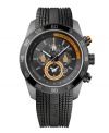 Explore endless possibilities with this multifunctional watch from Hugo Boss. Crafted of black textured rubber strap and round black ion-plated stainless steel case. Numerals at black bezel. Black and orange chronograph dial with four subdials, date window, logo, stick indices, tachymeter scale, luminous hour/minute hands and orange-tipped second hand. Quartz movement. Water resistant to 100 meters. Two-year limited warranty.