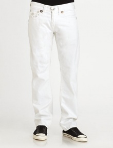 A classic straight-leg fit with traditional natural stitching in light grey denim and aged wash for a worn-in look.Five-pocket styleZip flyStitched back flap pocketsInseam, about 32CottonMachine washMade in USA A classic straight-leg fit with traditional natural stitching in light grey denim and aged wash for a worn-in look.Five-pocket styleZip flyStitched back flap pocketsInseam, about 32CottonMachine washMade in USA