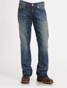 The requisite bootcut design is enhanced with striking contrast stitching, signature back flap pockets and strategic fading.Five-pocket styleZip flyStitched back flap pocketsInseam, about 32CottonMachine washMade in USA The requisite bootcut design is enhanced with striking contrast stitching, signature back flap pockets and strategic fading.Five-pocket styleZip flyStitched back flap pocketsInseam, about 32CottonMachine washMade in USA
