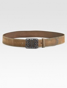 Distressed leather and a beaded openwork silvery buckle create a rich contrast of the rugged and the refined.Distressed leather strap and keeperRectangular openwork buckle with adjustable stud closureWidth, about 1½Imported Distressed leather and a beaded openwork silvery buckle create a rich contrast of the rugged and the refined.Distressed leather strap and keeperRectangular openwork buckle with adjustable stud closureWidth, about 1½Imported