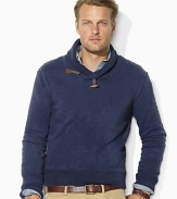 The epitome of casual refinement, a supremely soft bohemian fleece sweater is accented with luxe leather elbow patches and a handsome shawl collar.