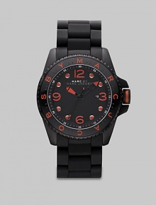 In basic black and vivid orange, a sporty watch that promises to make a statement.QuartzWater-resistant to 5 ATMRound case; 45mm (1.8)Black dial with orange aluminum detailsNumbers and markersDate display at 3 o'clockSecond handStainless steel with silicone wrap strapMade in Japan