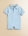 A classic polo shirt is transformed into a sporty one-piece with golf embroidery.Polo collarFront button placketBottom snapsCottonMachine washImported Please note: Number of snaps vary depending on size ordered. 
