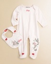 Dainty logo and floral embroidery define this charming set for your little princess.Envelope necklineLong sleevesPullover styleBottom snapsFooted bottomFootie: Cotton/SpandexBib: Cotton/PolyesterMachine washImported Please note: Number of snaps may vary depending on size ordered. 