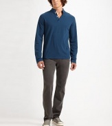 A casual classic in standard-fitting, rigid Japanese twill. Five-pocket style Button fly Signature back pocket embroidery Inseam, about 34 Cotton Machine wash Made in USA 