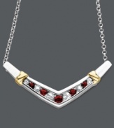 Shapely design with a bold touch of color. This v-shaped necklace features alternating, round-cut rubies (3/8 ct. t.w.) and white sapphires (3/8 ct. t.w.) in a polished sterling silver setting with 14k gold accents. Approximate length: 18 inches. Approximate drop: 1-1/2 inches.