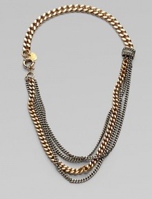A wide, chunky style in a modern, two-tone design, with a crystal accented chaton bead. Brass and silver oxide plated brassCrystalsSpring ring closureLength, about 24Imported A wide, chunky style in a modern, two-tone design, with a crystal accented chaton bead. Brass and silver oxide plated brassCrystalsSpring ring closureLength, about 24Imported