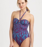 Flattering ruching accentuates the bust as the keyhole center adds a seductive touch to this swim design.Bandeau topHalter strap ties at neck70% polyamide/30% elastaneDry cleanMade in Italy