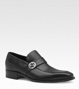 Leather loafer with double G ornament. Leather sole Made in Italy 