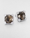 From the Linen Collection. A faceted cushion of richly hued smoky quartz sits within a gleaming setting of sterling silver with heart-shaped accents of white sapphires at the corners of this lovely stud design.Smoky quartzWhite sapphireSterling silverAbout .33 squarePost backImported
