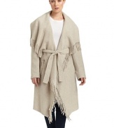 THE LOOKShawl collarTie waistFringe trim detailingTHE FITAbout 38 from shoulder to hemTHE MATERIALWool/angoraCARE & ORIGINDry cleanImportedModel shown is 5'8 (172½cm) wearing US size Small. 