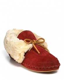 A cozy shearling cuff and warmly-hued suede beg for après-ski cuddling in Lucky Brand style.