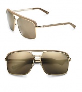 Sleek metal aviators with leather trim. Available in gold with gold mirror lens. 100% UV protection Made in Italy 