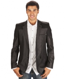 Color blocking adds modern edge to this sleek two-button sportcoat by Marc Ecko Cut & Sew. Color blocking adds modern edge to this sleek two-button sportcoat by Marc Ecko Cut & Sew.