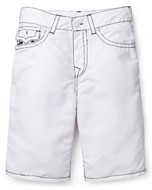 Warm weather means fun in the sun, and these True Religion Swim board shorts add bright color to the mix for a great look, whether you're body surfing or strolling on the boardwalk. Warm weather means fun in the sun, and these True Religion Swim board shorts add bright color to the mix for a great look, whether you're body surfing or strolling on the boardwalk.