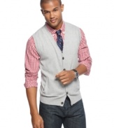 Tasso Elba updates the timeless sweater vest with a sleek button-front for an extra does of detail.