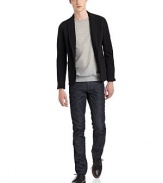 THE LOOKNotched lapelTwo-button frontLong sleeves with button cuffsTopstitched seamsSide buckle tabsDual inside button slit pocketsTHE FITAbout 24 from shoulder to hemTHE MATERIAL92% wool/8% elastaneCARE & ORIGINHand wash or dry cleanMade in Italy