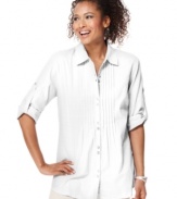 This laid-back petite shirt from Karen Scott features pintuck pleats at the chest and roll-tab sleeves for menswear-inspired panache.