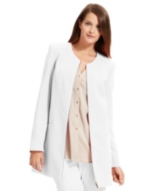 This structured jacket from Calvin Klein is designed with a collarless neckline that emphasizes the minimalist styling.