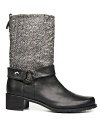 Moto meets menswear influences in these trendy tweed and leather Stuart Weitzman boots.