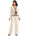 Kasper's pant suit features a jacket with a cascading ruffled collar and a coordinating animal-printed top--two flourishes that make this ensemble feel extra feminine.