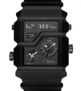 Sport a futuristic look with this Diesel watch. Black polyurethane strap and black ion-plated stainless steel and plastic case. Black dial features two analog subdials at bottom and negative display digital dial at top along with logo and green accents. Quartz movement. Water resistant to 50 meters. Two-year limited warranty.