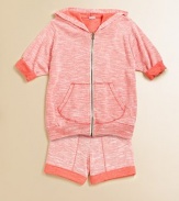 She'll be cozy and cool in this hooded topper with contrasting trim and a convenient kangaroo pocket.Attached hoodThree-quarter length sleevesFull-zip frontKangaroo pockets37% rayon/47% polyester/16% cottonMachine washImported