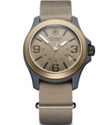 Go against the grain with this ultra-durable watch by Victorinox Swiss Army. Sand-colored nylon strap and round blue nylon fiber case with anti-reflective mineral crystal and aluminum bezel. Sand-colored dial features numerals at three, six and nine o'clock, stick indices, date window, military time, three hands and logo. Swiss quartz movement. Water resistant to 100 meters. Three-year limited warranty.