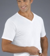 Sometimes clothing speaks for our being. Lucky for you, this v-neck tee provides a tell-all look into your keen sense of comfort, practicality and style. Classic design and cool, cotton fibers come together for a great look with a lightweight feel. Features a tag-free, reinforced collar. This everyday staple works well under anything; mix with dress clothes and look your best in a suit and tie.