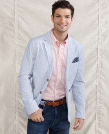 Button up your seasonal preppy look with this striped blazer from Tommy Hilfiger. Button up your seasonal preppy look with this striped blazer from Tommy Hilfiger.