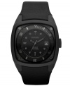 As dark and precise as the night sky: This Diesel watch is crafted of black leather strap and cushion-shaped black ion-plated stainless steel case. Black bezel features gunmetal tone numerals. Textured matte black dial with lug nut detail features gunmetal tone dot hour markers, minute track, date window at three o'clock, logo and three hands. Quartz movement. Water resistant to 50 meters. Two-year limited warranty.