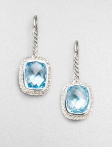 From the Noblesse Collection. A squared drop of faceted blue topaz, framed by sparkling diamonds, hangs from a cable of sterling silver. Diamonds, 0.42 tcw Blue topaz Sterling silver Drop, about ½ Ear wire Imported From the Noblesse Collection. A squared drop of faceted blue topaz, framed by sparkling diamonds, hangs from a cable of sterling silver. Diamonds, 0.42 tcw Blue topaz Sterling silver Drop, about ½ Ear wire Imported