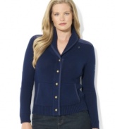 Lauren Ralph Lauren's plus size soft combed cotton cardigan is finished with twill trim at the placket and an anchor patch at the shoulder for nautical style.