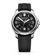 Silver accents embolden Victorinox's matte-black watch. With a sporty rubber band and bold markers, this surplus-inspired style works as hard as it plays.