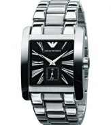 A dashing statement of time, by Emporio Armani. This watch features a stainless steel bracelet and oversized square case. Black dial with silvertone roman numerals, logo and subdial. Quartz movement. Water resistant to 30 meters. Two-year limited warranty.
