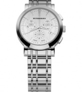 This Burberry watch features a stainless steel bracelet and round case. Etched dial with silvertone stick indices, logo, date window and three subdials. Swiss made. Quartz movement. Water resistant to 50 meters. Two-year limited warranty.