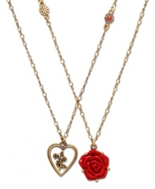 Can't go everywhere with your bestie? Carry a piece of each other always by splitting up this set of two Lucky Brand necklaces. One necklace features a heart pendant with gold tone flowers; other necklace features a red flower pendant with a gold tone peace sign at center. Crafted in gold tone mixed metal, resin and crystal stones. Approximate length: 16 inches + 1/2-inch extender. Approximate drop: 1 inch.