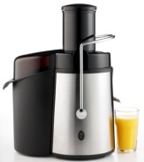 Go on a home health kick with this sleek, modern Sharper Image juicer. Its extra-large feed tube accommodates entire fruits and vegetables, reducing prep time and leaving you more time to enjoy the delicious, nutrient-rich juices that pour from the other end. One-year warranty. Model 8021.