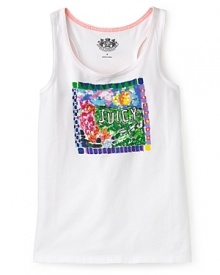 Juicy Couture is all over your vacation wardrobe with this light tank, adorned with a sequin-enhanced holiday print at the chest. Juicy Couture is all over your vacation wardrobe with this light tank, adorned with a sequin-enhanced holiday print at the chest.