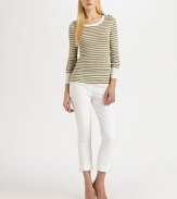 A lightweight linen blend sweater featuring nautical-inspired stripes and button details. Round neckLong sleevesButton details on shoulderSolid, ribbed trimPull-on styleAbout 25 from shoulder to hem45% linen/33% viscose/22% polyamideHand washImported of Italian fabric Model shown is 5'11 (180cm) wearing US size Small. 
