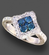 All eyes will be on you when you don head-turning blue hues. Round-cut Caribbean blue diamonds (1/2 ct. t.w.) and white diamonds (5/8 ct. t.w.) glitter with blissful brilliance on this 14k white gold Bella Bleu by Effy Collection ring.