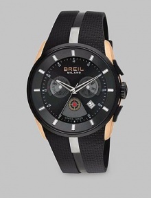 Sporty and elegant, this chronograph has a stainless steel case with ionic plating in black and gold. Quartz movement Water-resistant to 10 ATM IP (ionic plating) black and gold accents Round case, diameter 1¾ Anti-reflective sapphire crystal Date display at 4:00 Hour markers Rubber strap with double color injection and steel inserts Imported Sporty and elegant, this chronograph has a stainless steel case with ionic plating in black and gold. Quartz movement Water-resistant to 10 ATM IP (ionic plating) black and gold accents Round case, diameter 1¾ Anti-reflective sapphire crystal Date display at 4:00 Hour markers Rubber strap with double color injection and steel inserts Imported