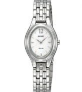 Sun worshiper: Solar power and 12-month energy storage update this fashionable Seiko watch. Stainless steel bracelet and oval case. White dial with the numeral twelve, silvertone stick indices and logo. Quick-start function and energy depletion warning. Solar quartz movement. Water resistant to 30 meters. Three-year limited warranty.