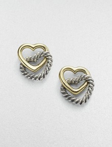 From the Cable Heart Collection. A polished open heart of 14k yellow gold is linked forever to a cabled heart of sterling silver. Sterling silver and 14k yellow gold Width, about ¾ Post back Made in USA From the Cable Heart Collection. A polished open heart of 14k yellow gold is linked forever to a cabled heart of sterling silver. Sterling silver and 14k yellow gold Width, about ¾ Post back Made in USA