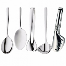 Selection & Simplicity - designed to blend with any flatware pattern, this wide assortment of serving accessories are the perfect finish to any table. 18/10 stainless steel, dishwasher safe. Shown left to right: serving spoon, multiserver, ice tongs, soup ladle, serving tongs. Selection & Simplicity - designed to blend with any flatware pattern, this wide assortment of serving accessories are the perfect finish to any table. 18/10 stainless steel, dishwasher safe. Shown left to right: serving spoon, multiserver, ice tongs, soup ladle, serving tongs.